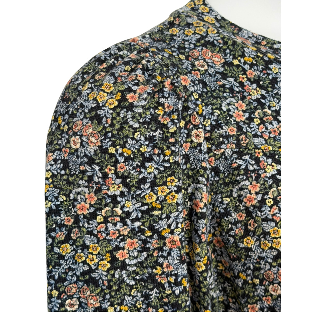 LOFT Sz M Cottage Floral Puff Sleeve Pullover Top Blue Knit Sweatshirt Romantic - Picture 6 of 11